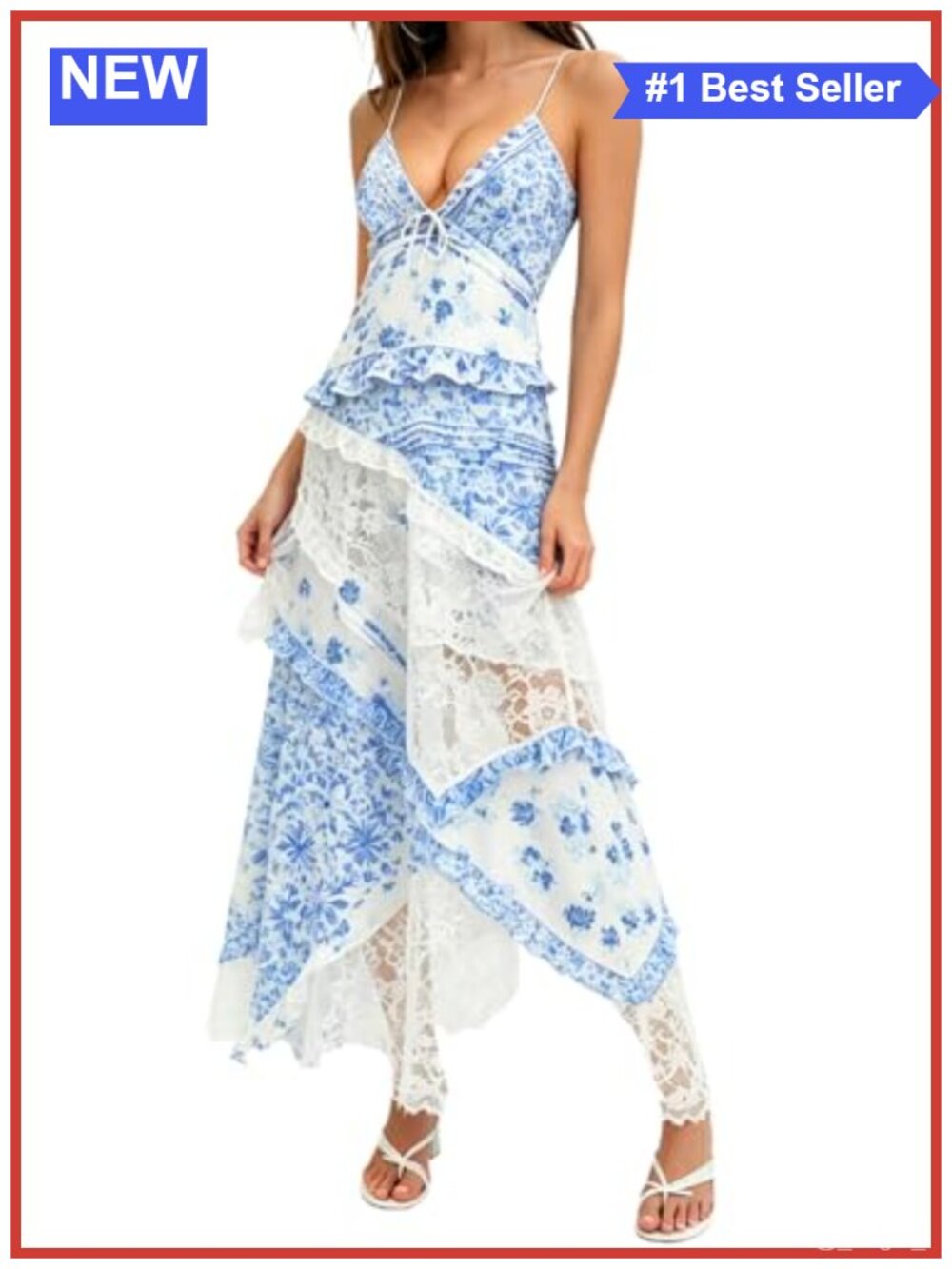 Women's Floral Lace Maxi Dress Spaghetti Straps Backless Ruffle